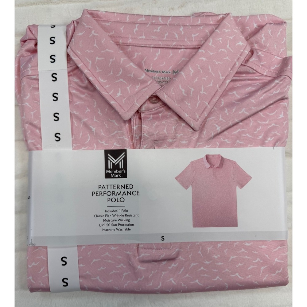 Members Mark Polo Men's Small Pink Birds Wicking Classic Fit UPF 50 Performance
